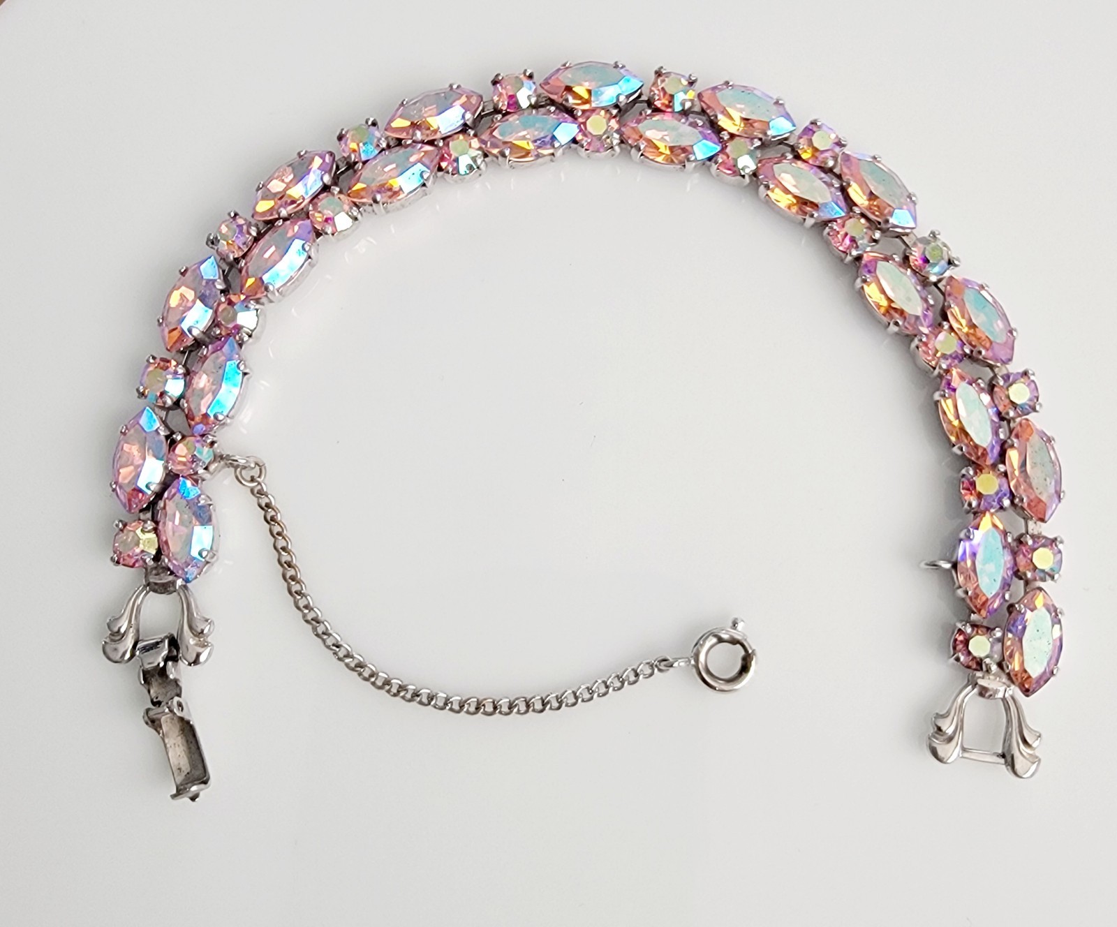 Vintage Sherman Signed Light Pink Aurora Borealis Rodium Plated Bracelet 7.5 In