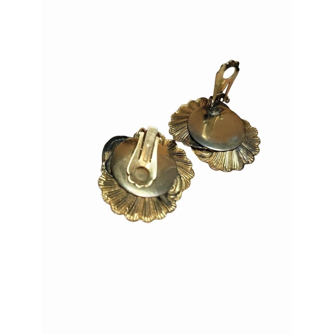 Vintage Gold Tone Floral Sunburst Clip On Earrings Scroll Statement 1.5″