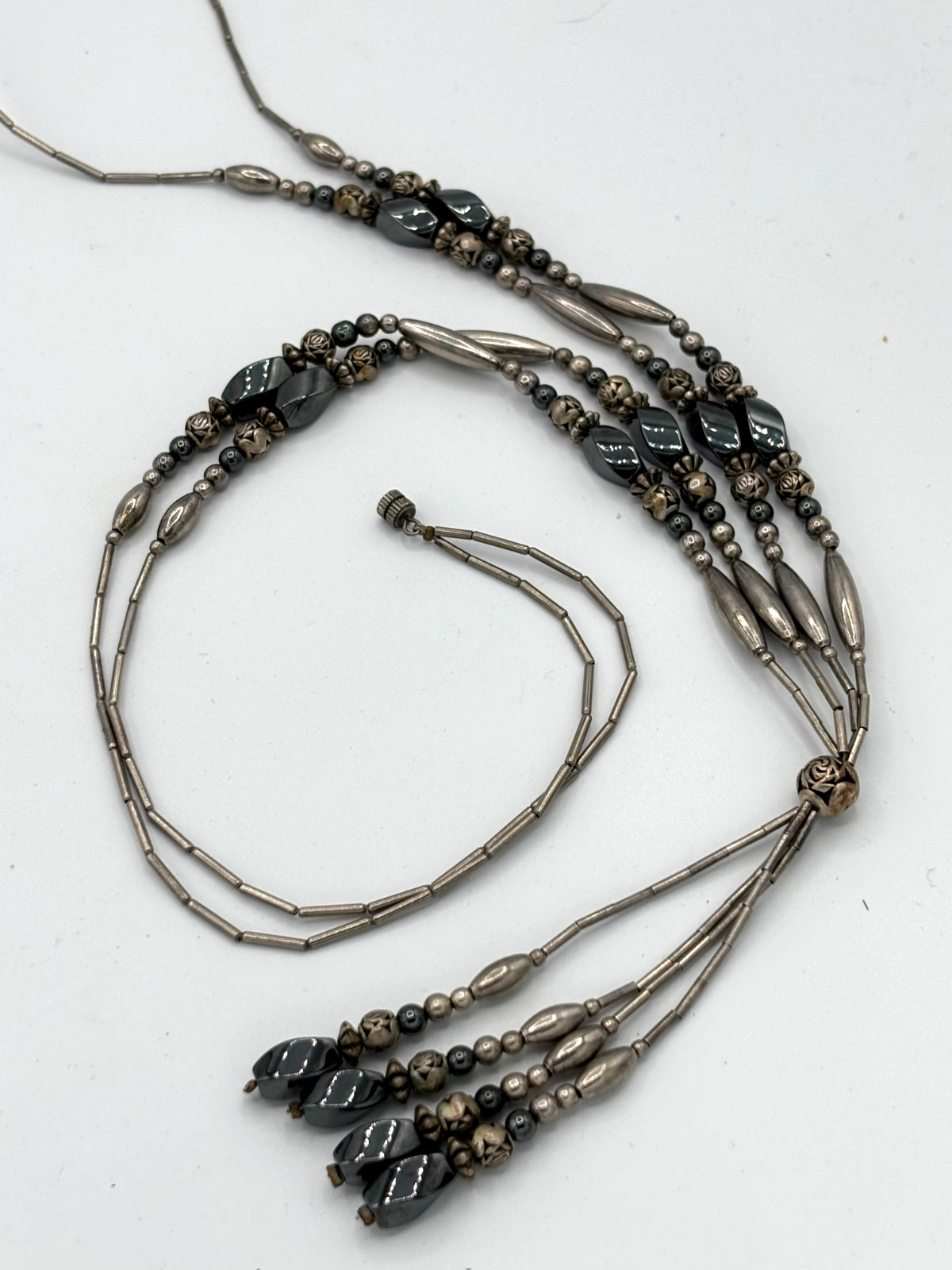 Vintage Southwestern Liquid Silver Hematite Multi Strand Lariat Tassel Necklace