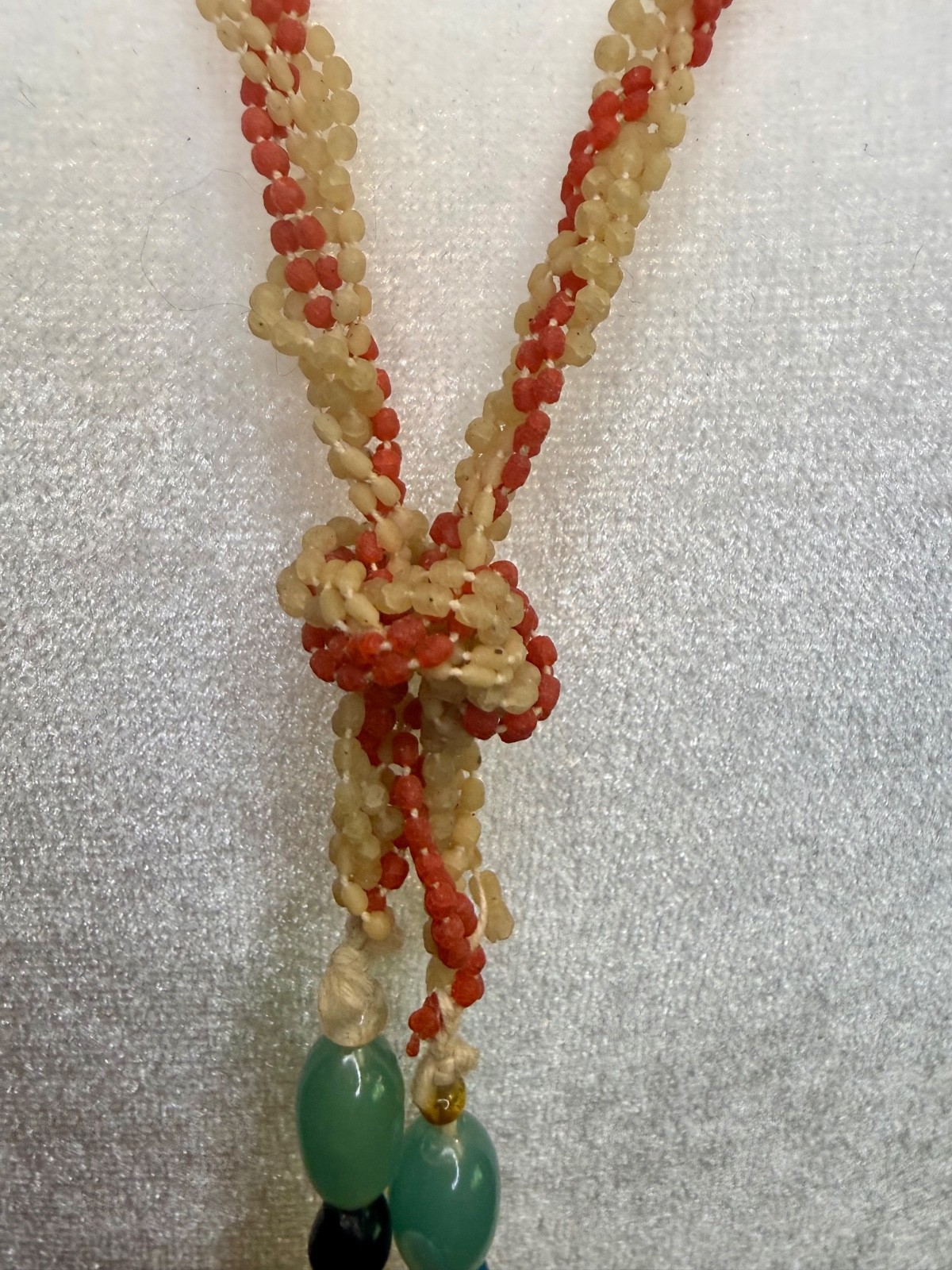 ntique 1920s 1930s Bead Braided Lariat Necklace Art Deco Frosted Pink Cream Czec
