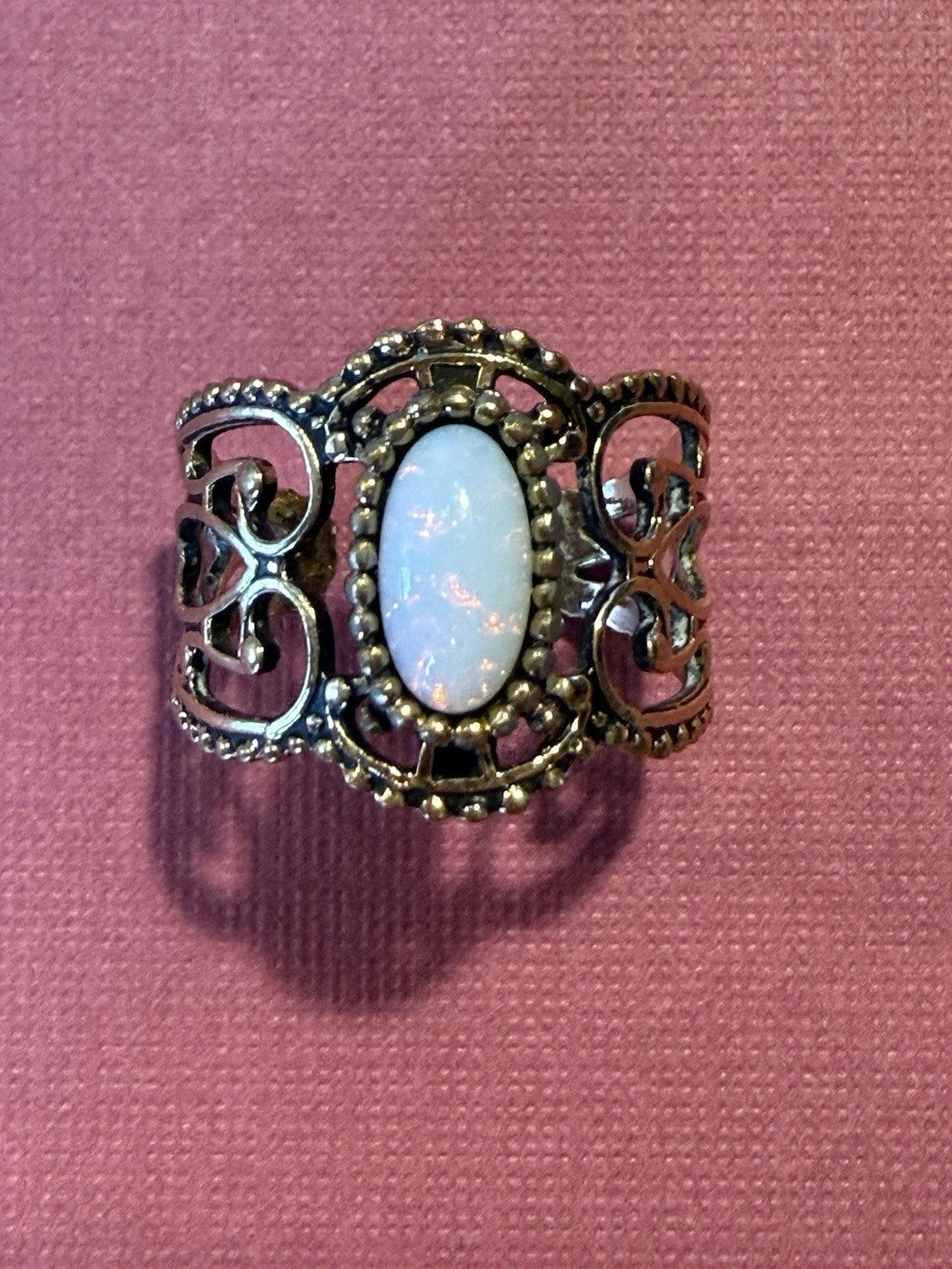Vintage 1976 Sarah Coventry Ring, Lovely Lady, Gold Tone Filigree, Faux Opal