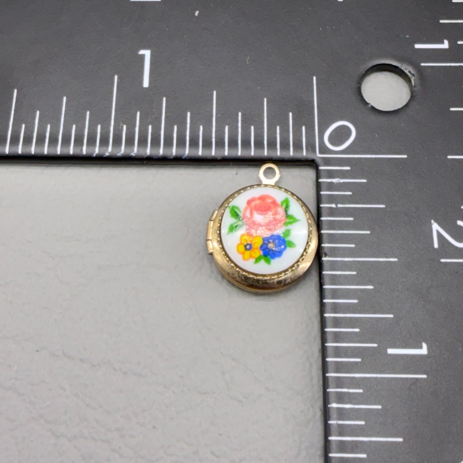 Vintage Gold Tone Locket Painted Flowers Tiny