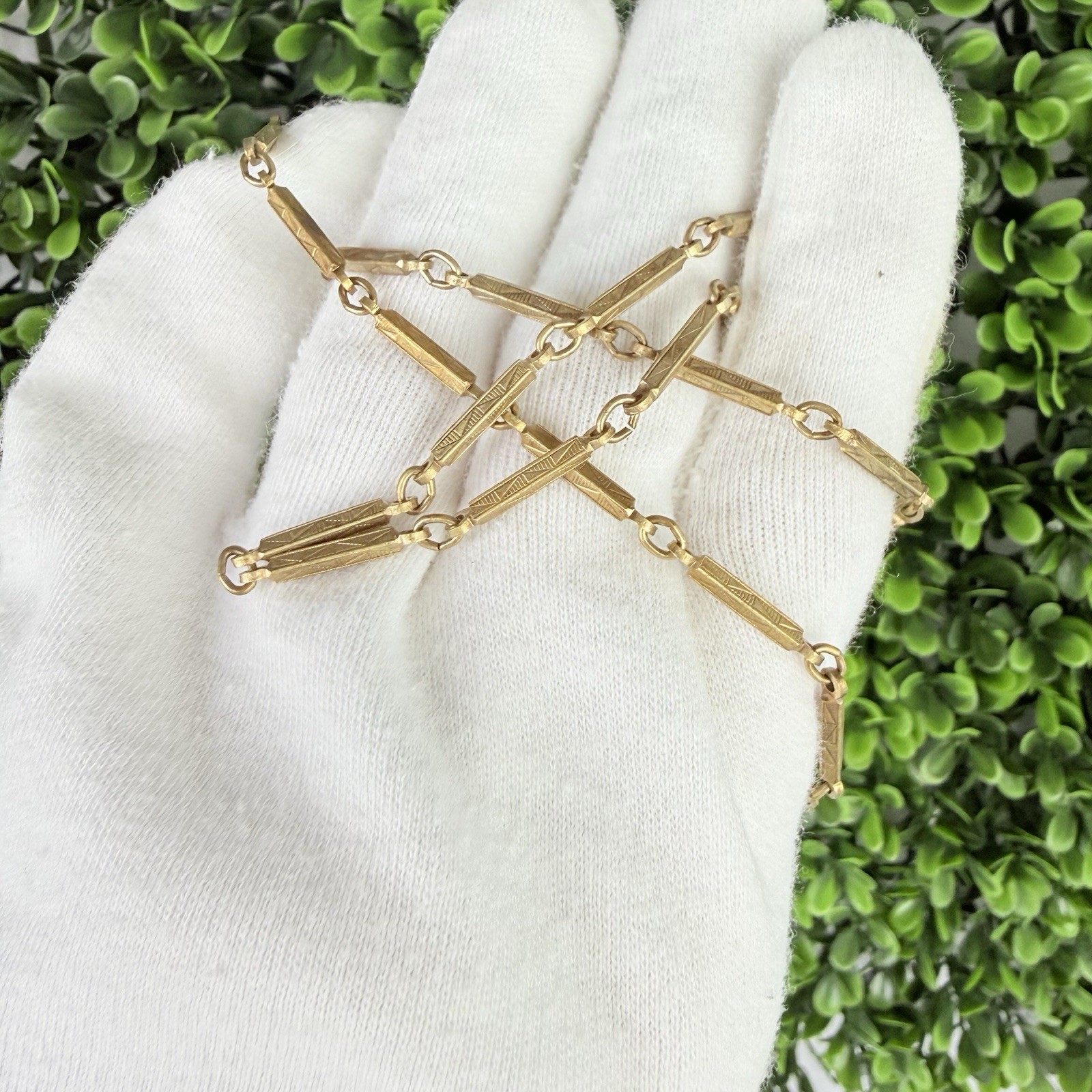 Antique Art Deco Gold Brass Tone Bar Link Long Chain Pendant Necklace