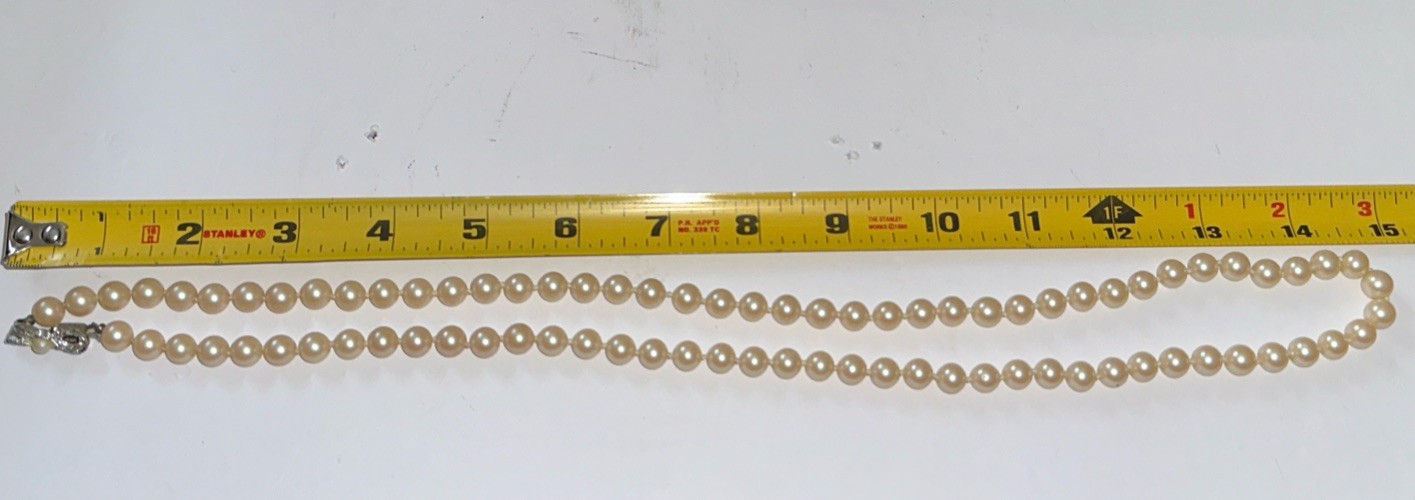 Faux Pearl Necklace Hand Knotted Cream Pearls 32″ Silver Tone & Diamanté Clasp