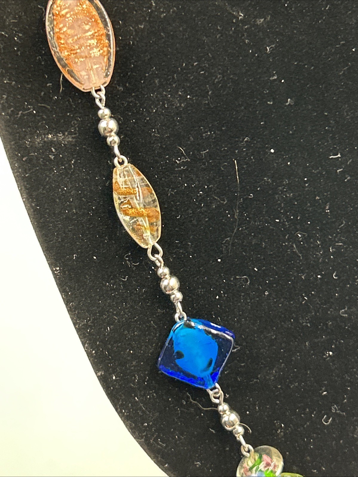 VTG Premier Design Art Glass Beaded Necklace Silver Tone Signed 30”w/2”