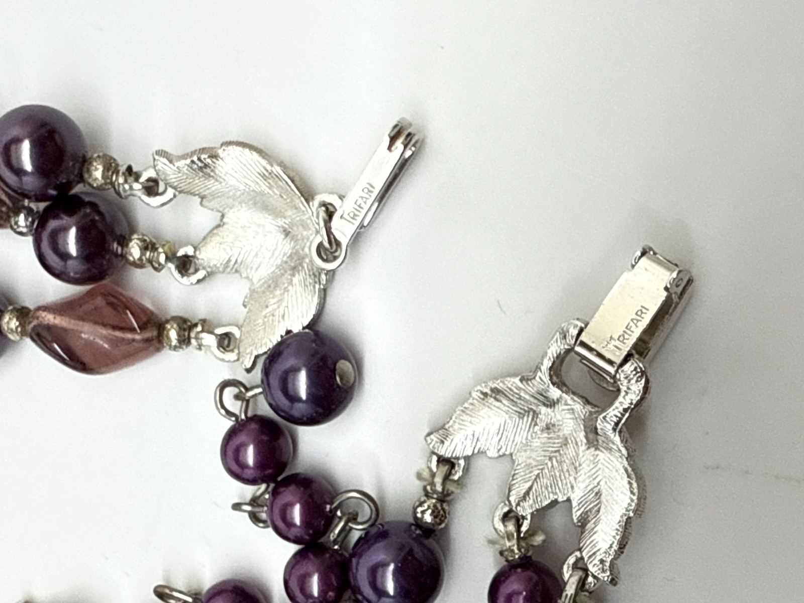 Vtg Crown Trifari purple Lucite AB Beads Demi Parure Set Silver W/ Box