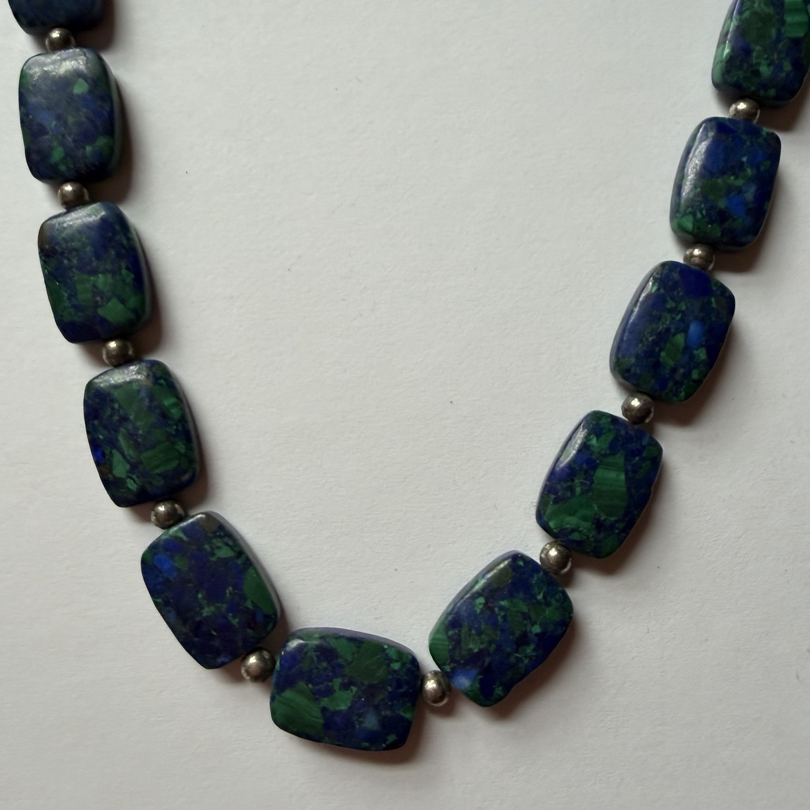 Vintage Blue Green Bead Necklace Boho Statement Azurite Malachite Style 20in