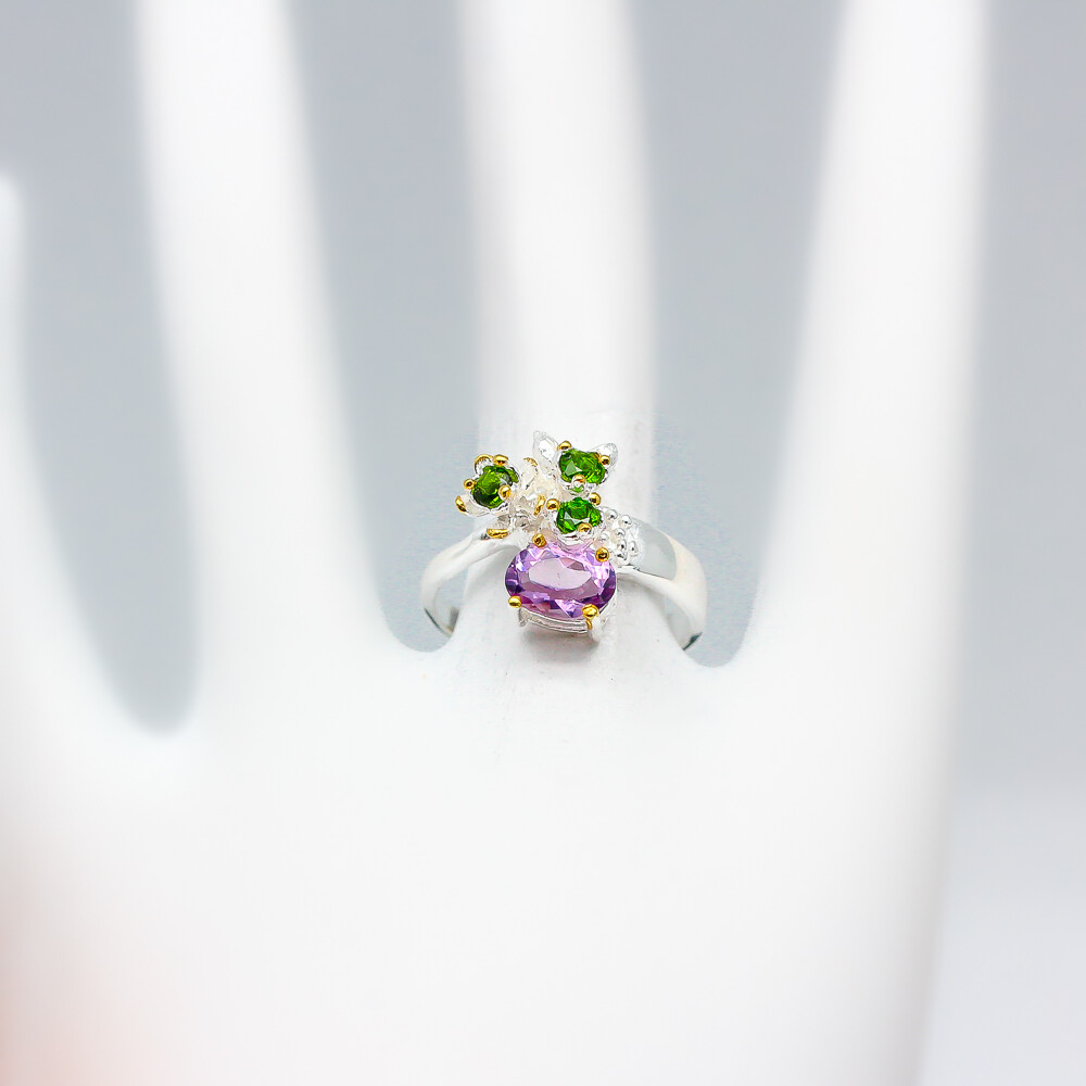 Not Enhanced Natural Amethyst Chrome diopside Silver Ring 925 Sterling / RVS105