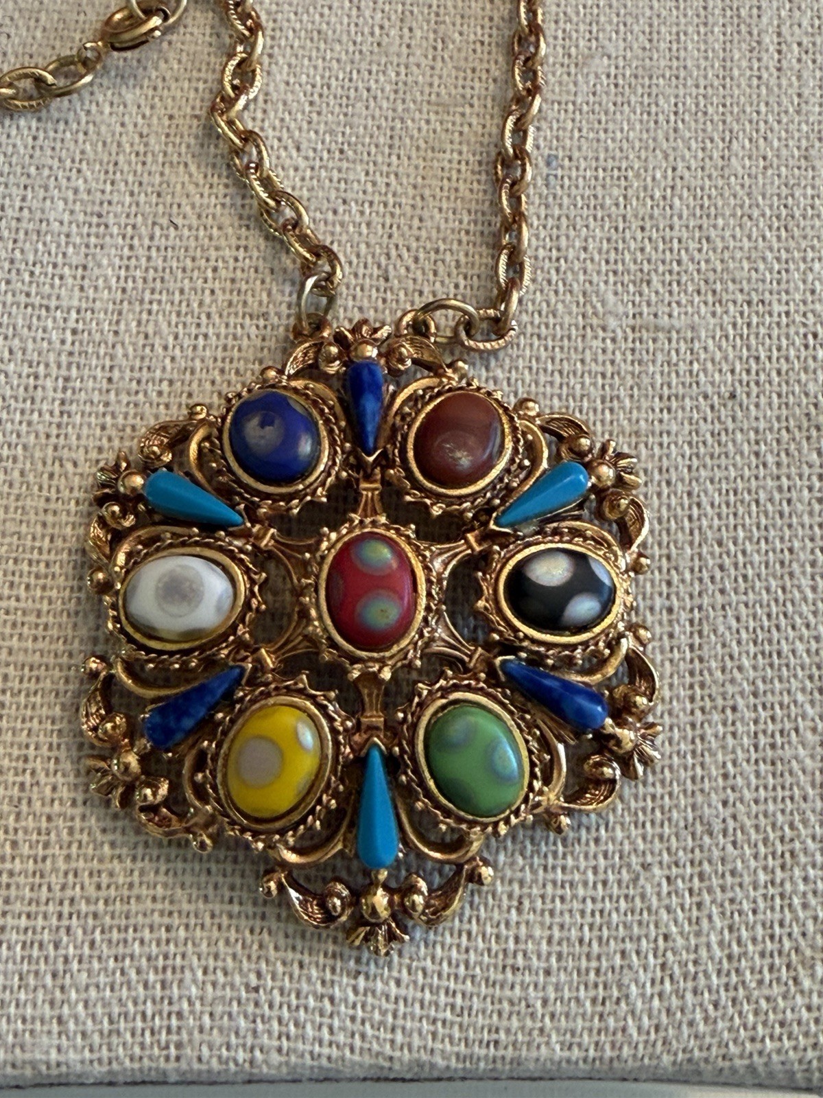Vtg. Florenza Ornate Gold Tone Multi Color Cabochon Pendant Necklace 24” BinR
