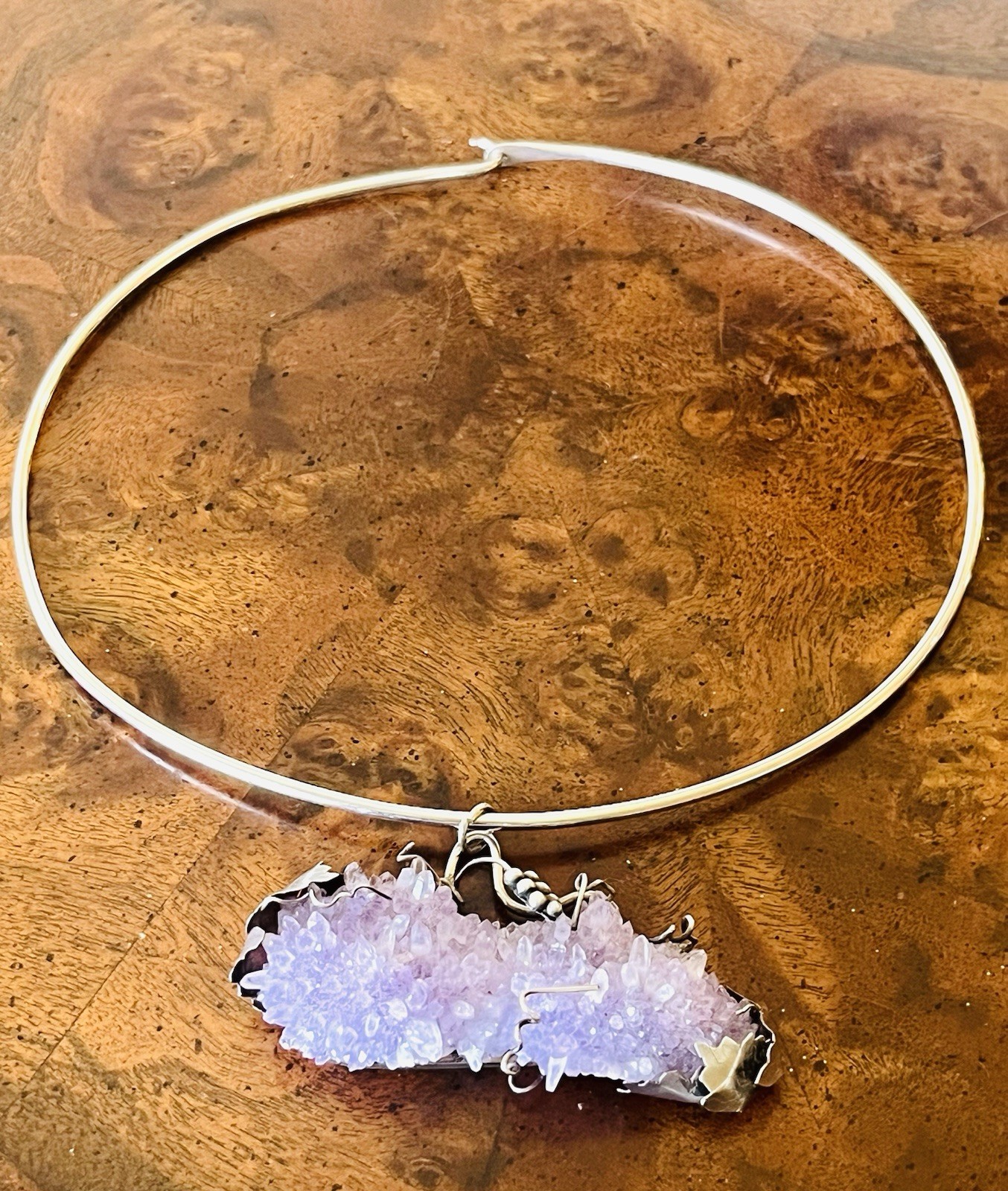Vtg Arthur King Era MCM Brutalist Sterling Amethyst Druzy Statement Necklace