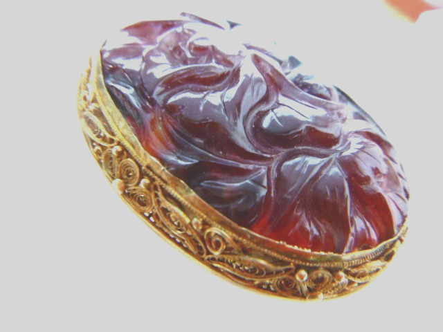 Antique Chinese Export Gilt Silver Carved Carnelian Flower Filigree Pin Brooch