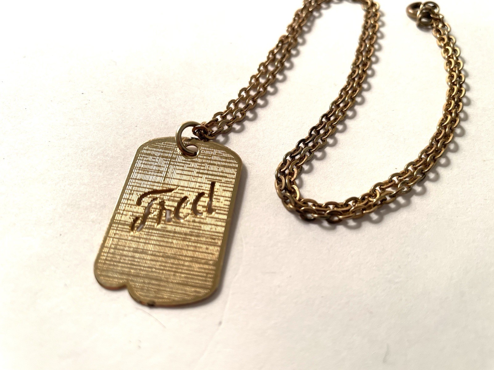 Vintage Mens Dog Tag Necklace Gold Tone Fred Nameplate 9” Chain Link A.J.R. Co.