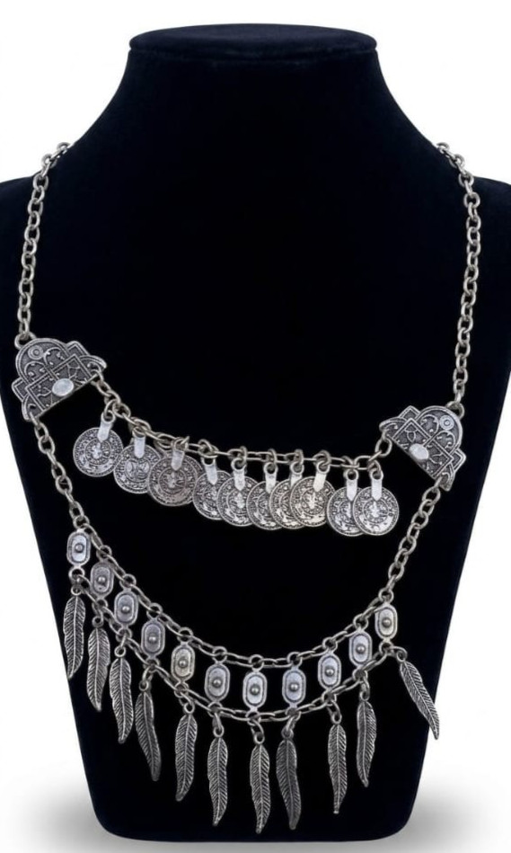 Vintage Silver Tone Boho Coin Feather Tassel Layered Necklace Gypsy Bibi Women