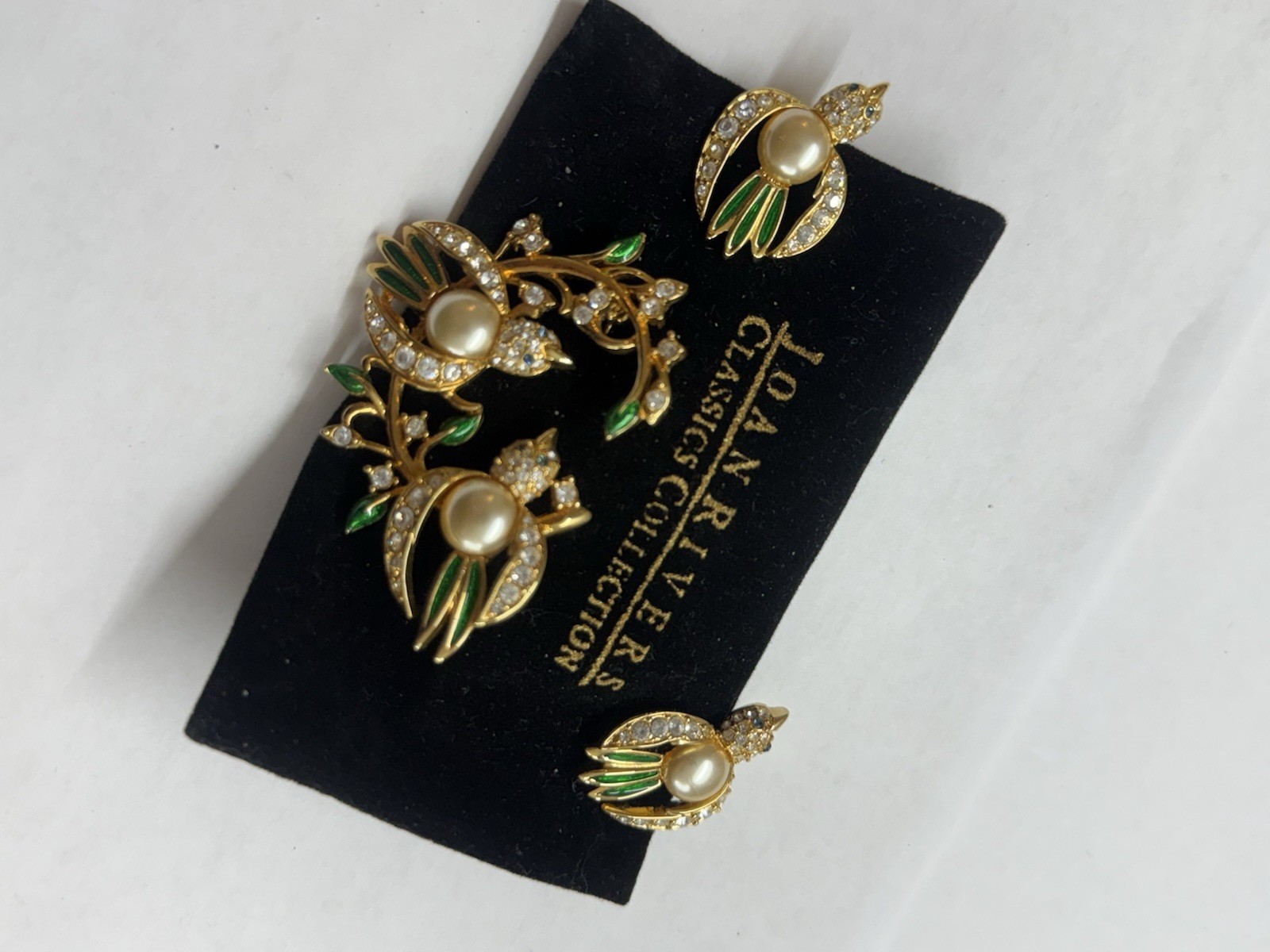 Joan Rivers Signed/2 Birds Brooch/Faux Pearls Enamel Rhinestone/Gold-Tone/Rare