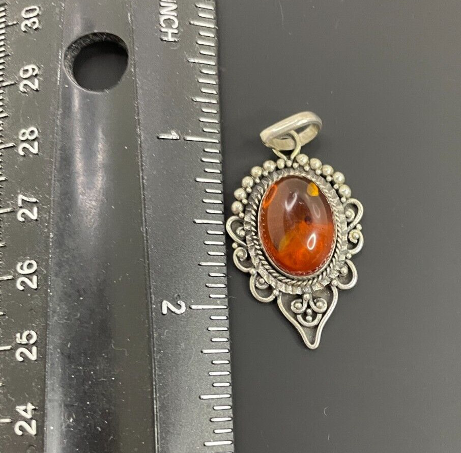 Vintage .925 Silver Necklace Pendant Only With Amber Stone