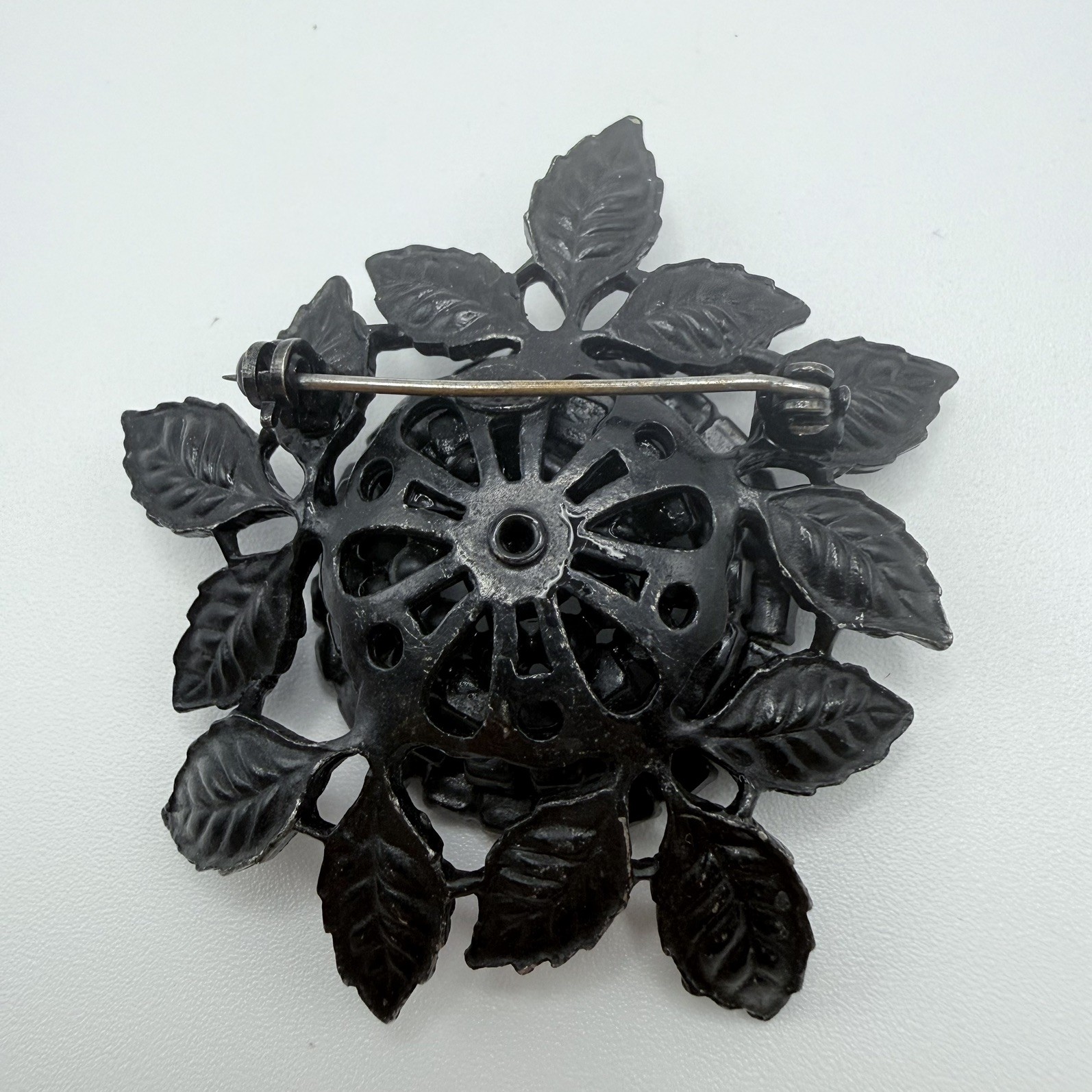 Albert Weiss Black Rhinestone and Enamel Flower Pin Brooch Signed Vintage