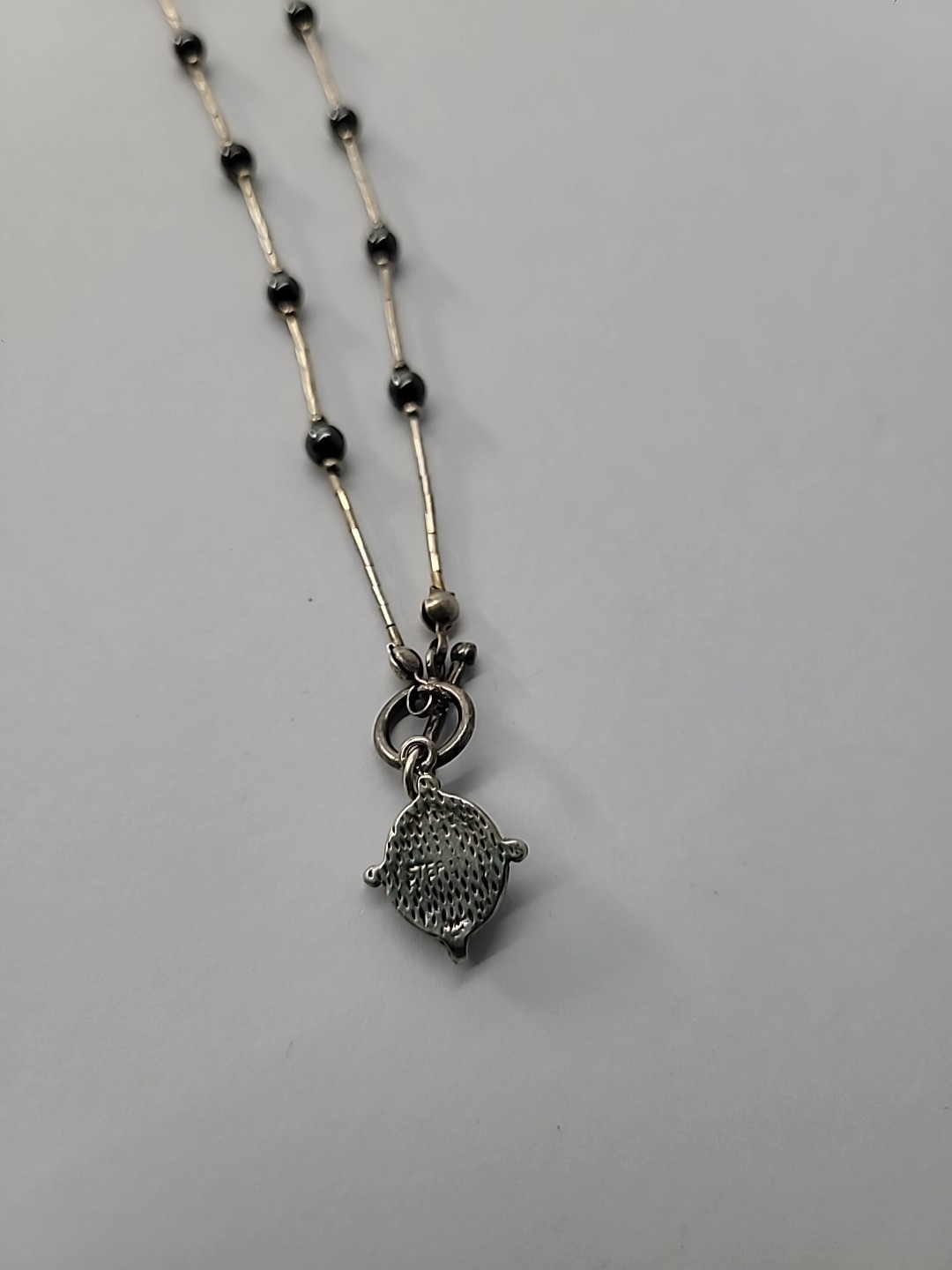 Vintage Silver Tone Hematite Pendant Necklace Bar Beaded Toggle Jewelry