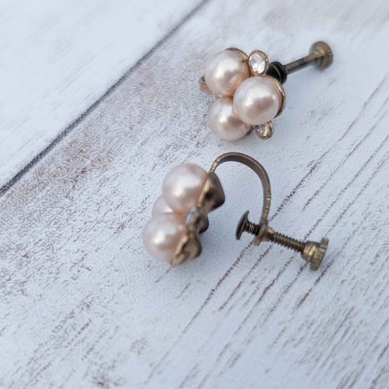 Vintage Screw Back Earrings Dainty Faux Pearl & Clear Gem Trio 0.5″