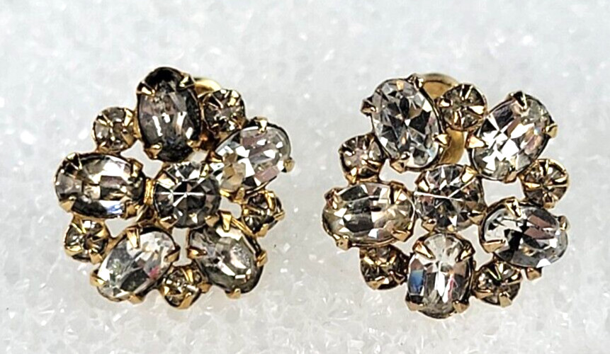 Vintage Rhinestone Flower Screw Back Stud Earrings Gold Plated 15mm Phyllis
