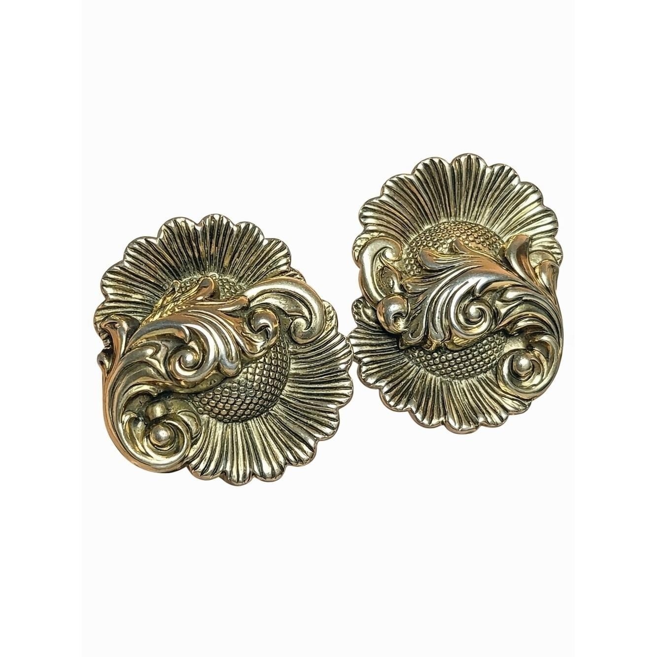 Vintage Gold Tone Floral Sunburst Clip On Earrings Scroll Statement 1.5″