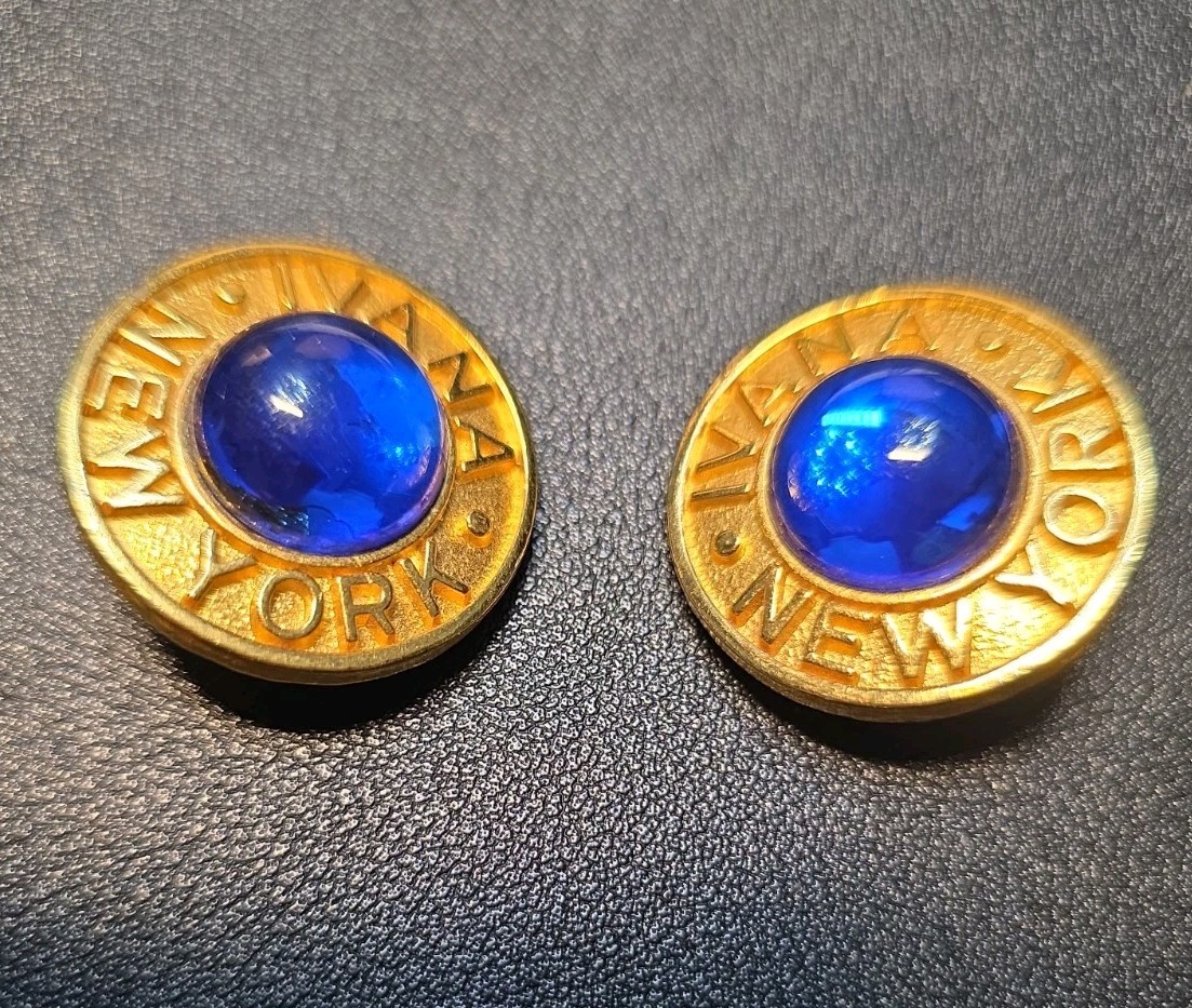 Vintage Ivana Trump New York Cabochon Clip Earrings Blue Statement Signed 90s