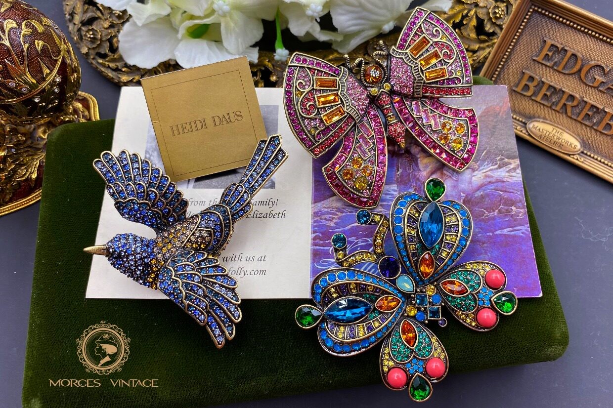 HEI Antique Gold Austrian Crystal Kingfisher Butterfly Love Heart Unicorn Brooch