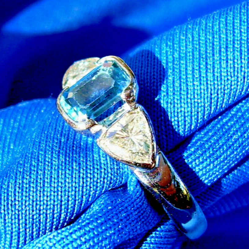 Original EARTH MINED AQUAMARINE DIAMOND Engagement Ring SOLID 18k GOLD Solitaire