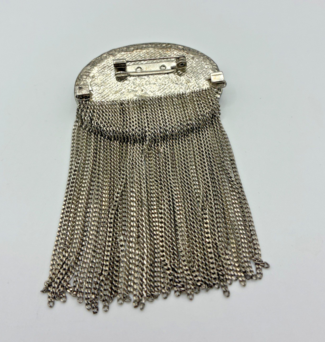 Vintage Brooch Abalone Shell Tassel Rhinestone Silver Tone Dangle Chain Pin