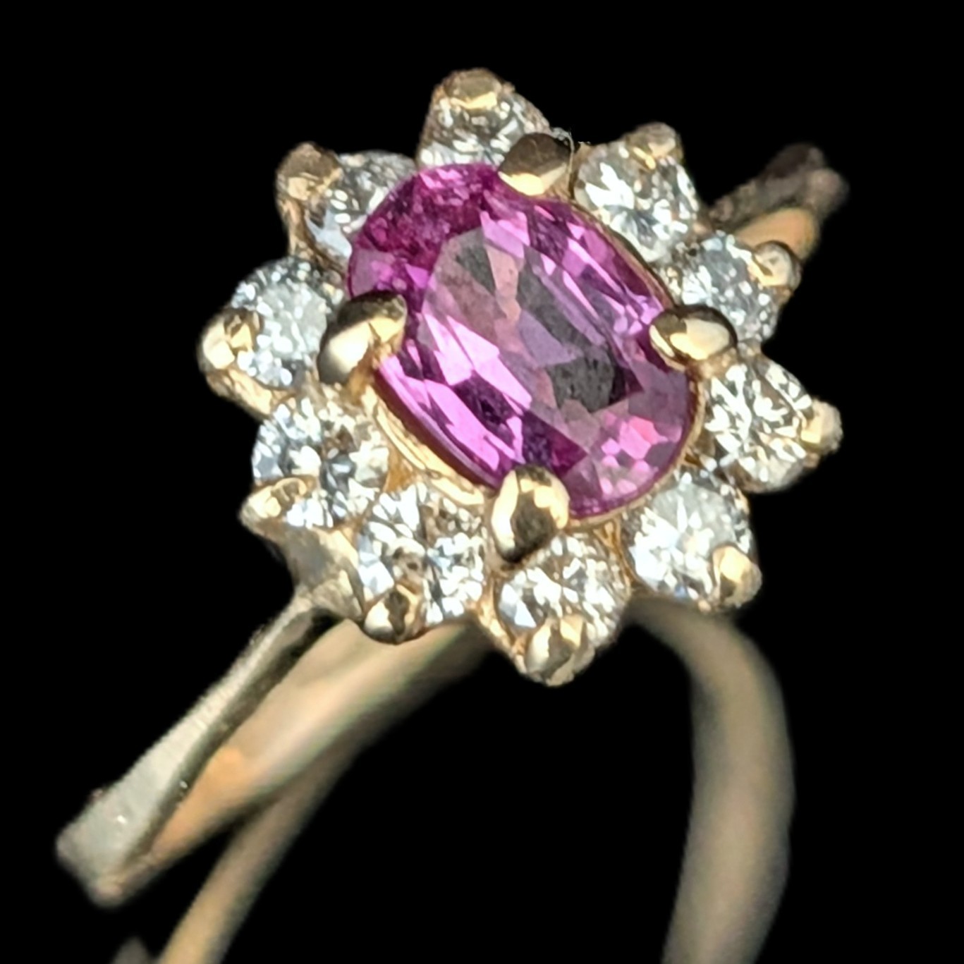 Vintage Pink Sapphire Diamonds 14k Yellow Gold Halo Ring Estate Jewelry Gift