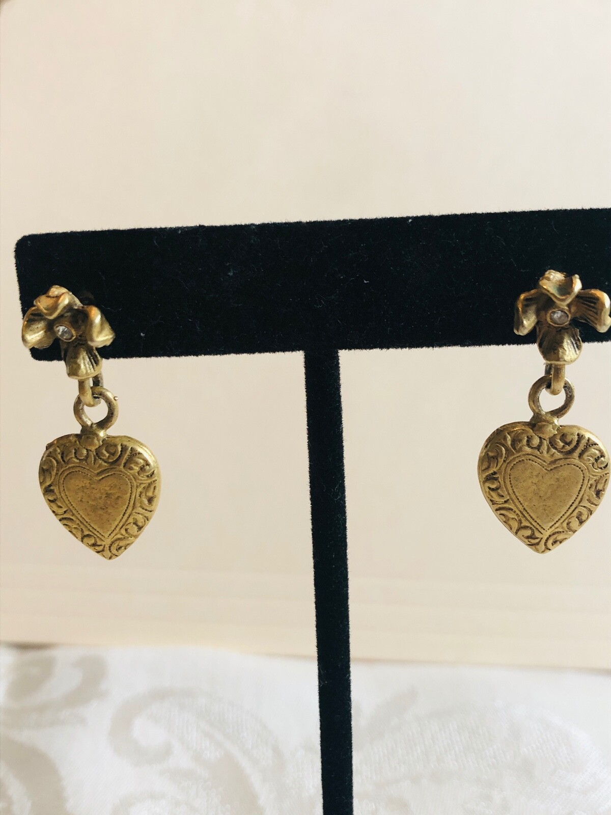 Vintage Signed EH Satin Gold Tone Rhinestone Dangle Heart Pierced Post Earrings