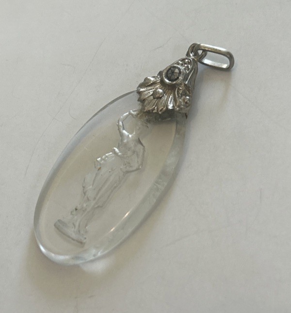 Vintage Glass Intaglio Lady Pendant Necklace Reverse Carved Oval