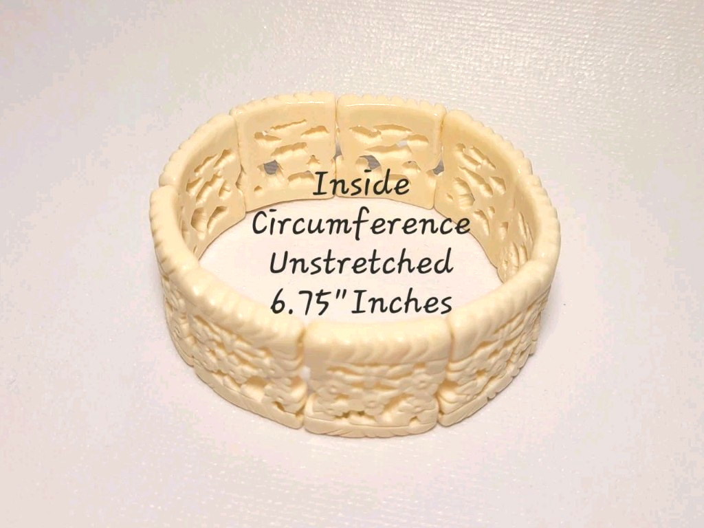 Vintage Hand Carved Bovine Bone Floral Openwork Panel Stretch Link Bracelet