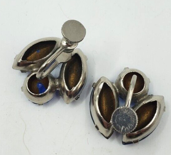 Vintage BLUE CRYSTALS RHINESTONE Spray BROOCH PIN W SCREW BACK EARRINGS