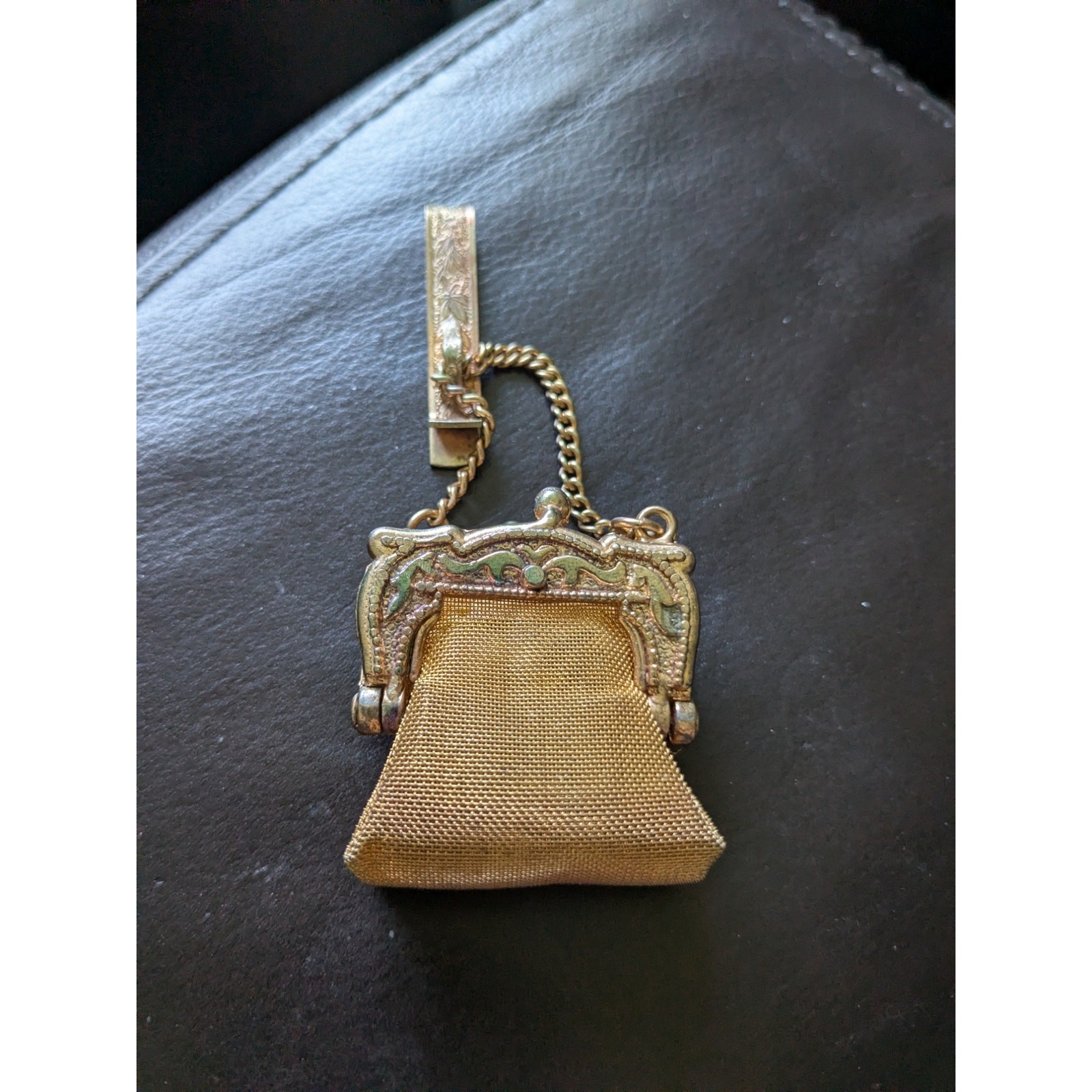 Vintage Miniature Gold-Tone 3″ Metal Mesh Chatelaine Purse Clip