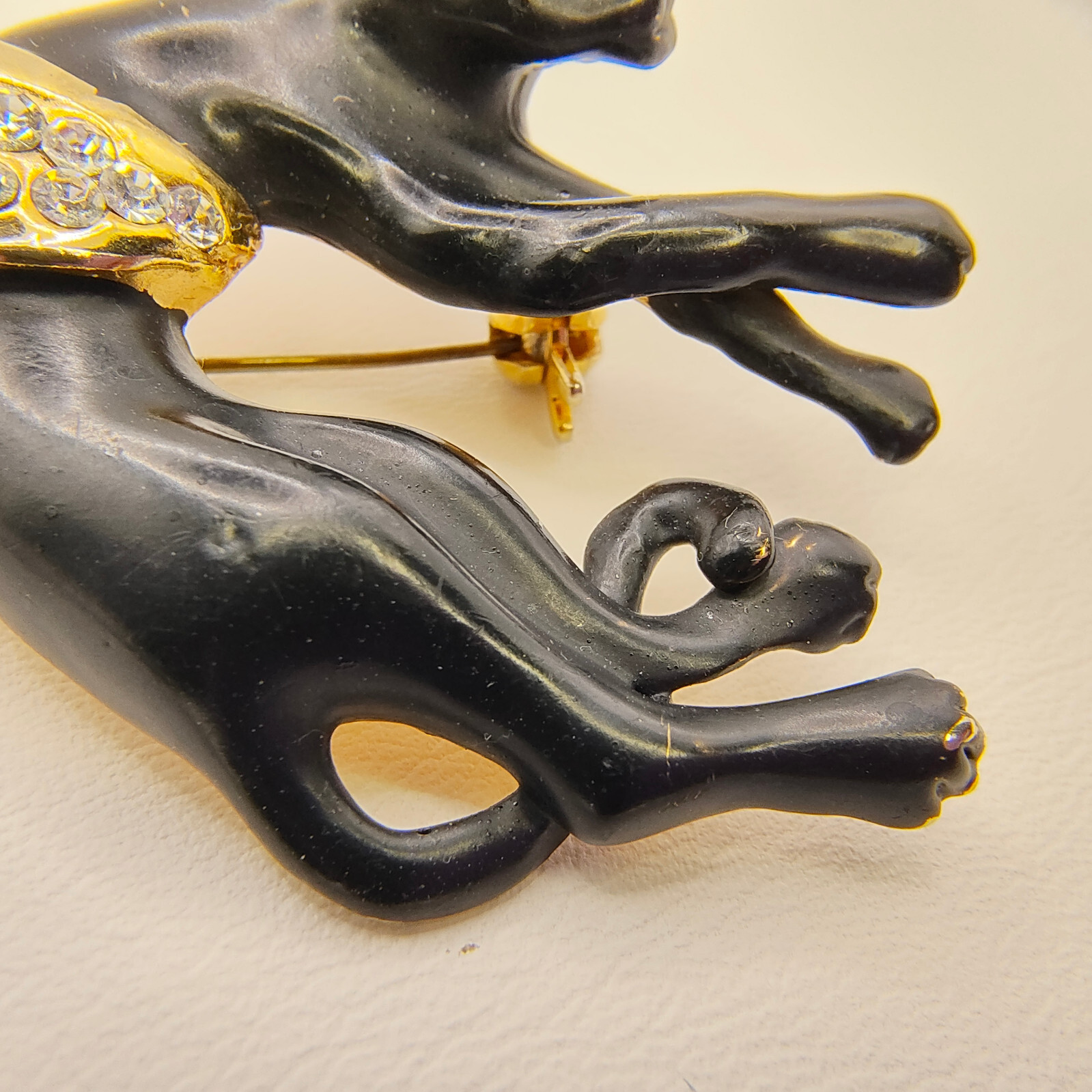 Vintage Black Panther Brooch Pin Enamel Gold Tone White Rhinestone Puma Jaguar