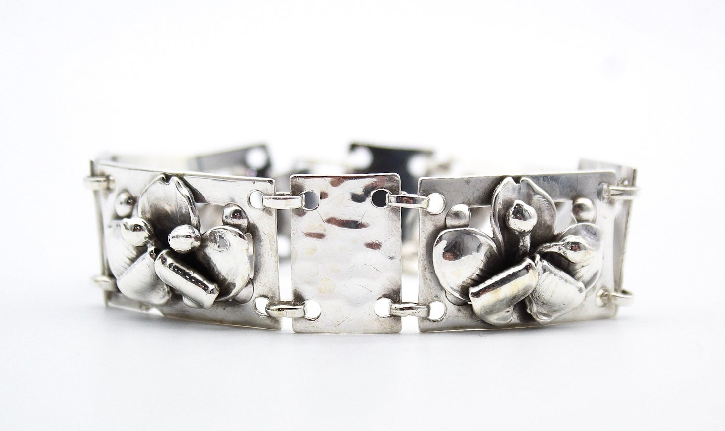 Vintage Sterling Silver 925 Denmark Floral Link Panel Bracelet 7.25″