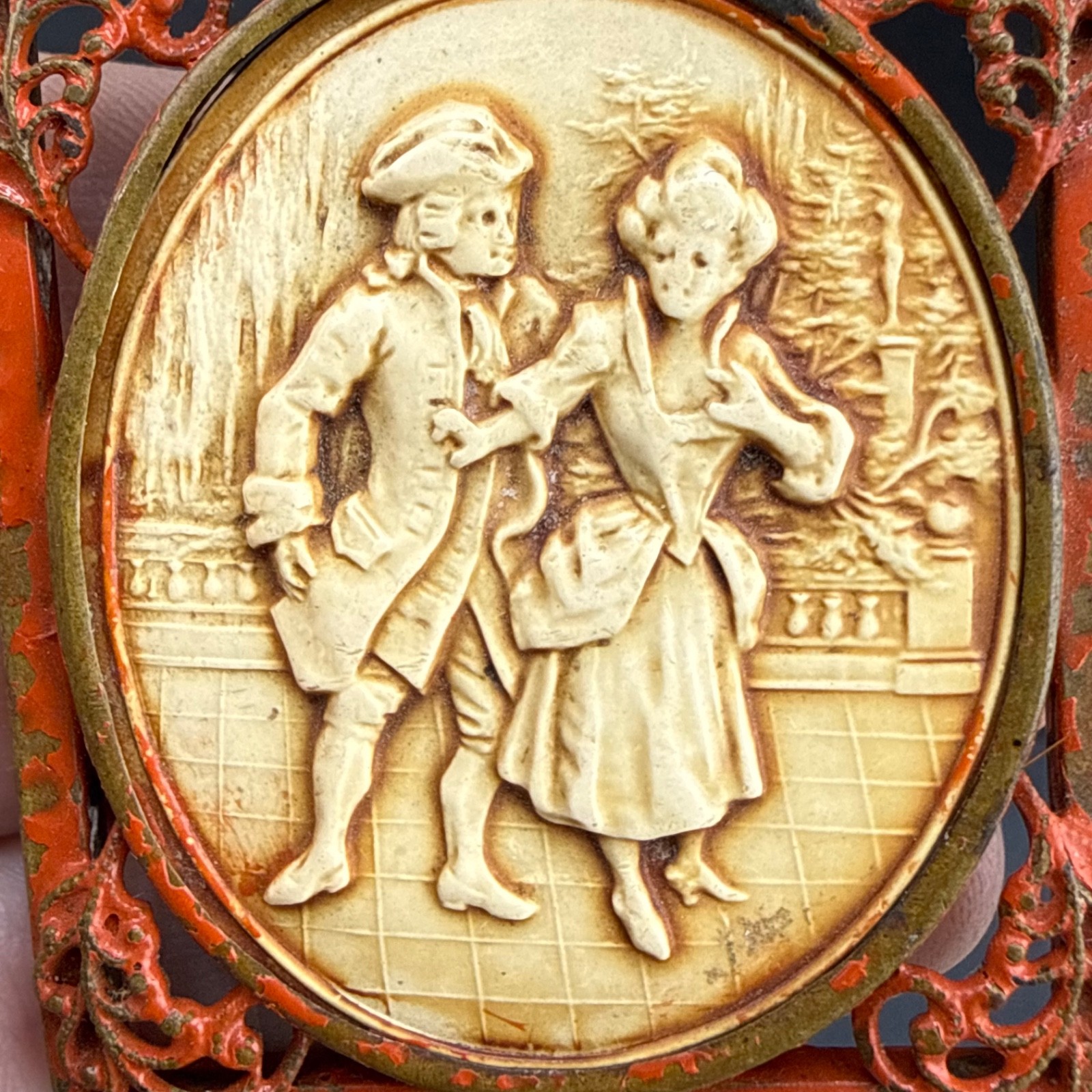 Vintage Colonial Courting Couple Brooch Red Enamel Metal Celluloid
