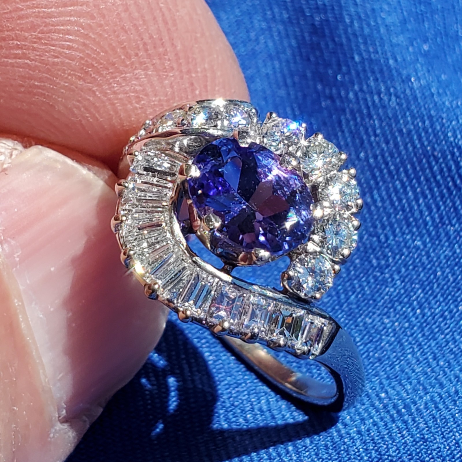 Original EARTH MINED TANZANITE DIAMOND DECO Engagement Ring Solitaire 14K GOLD 7