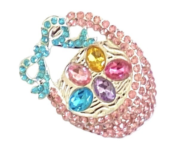 ADORABLE PINK EASTER EGG BASKET BROOCH! Cute Spring, Easter Fun. Silver Tone.