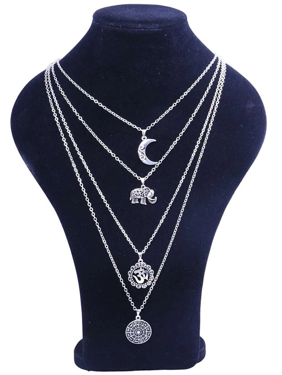 Chic Trendy Boho Multi-Strand Chains Silver Tone Moon Elephant 20-26″ Necklace