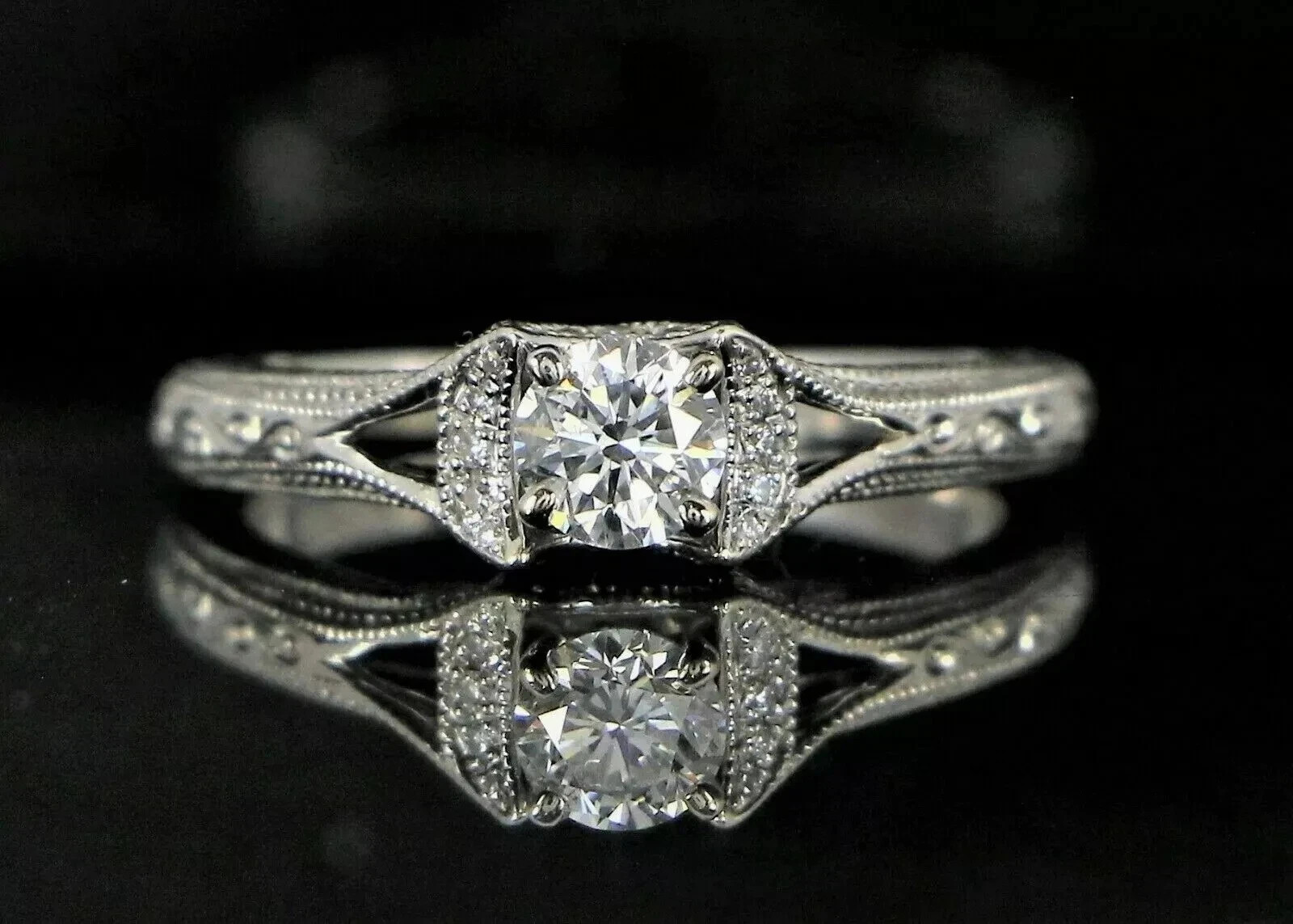 Antique Lab Created Diamond Vintage Style Art Deco Engagement Ring 14K Gold Over