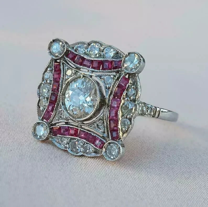 Art Deco Vintage Round Lab Created Diamond & Ruby 14K White Gold FN Wedding Ring