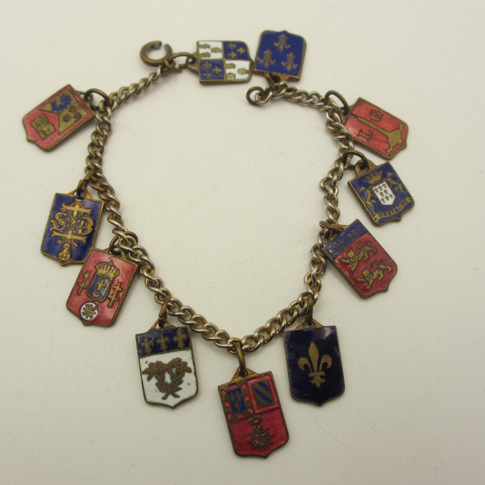 Vintage France Charm Bracelet French Souvenir 11 Shield Enamel