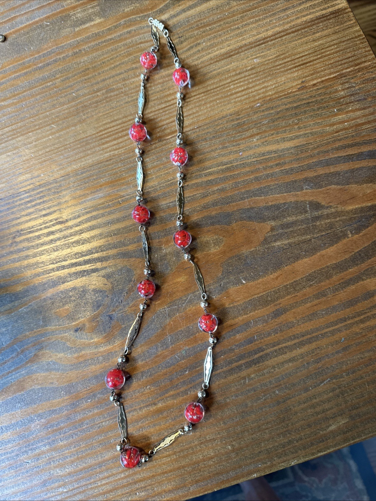 Vintage Murano Style Venetian Art Glass Necklace Red Encased Glass Beads Italy