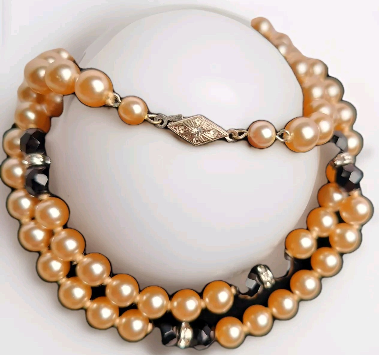 Vtg 90’s Faux Champagne Pearl Black Faceted Spinel Bead Rhinestones Necklace