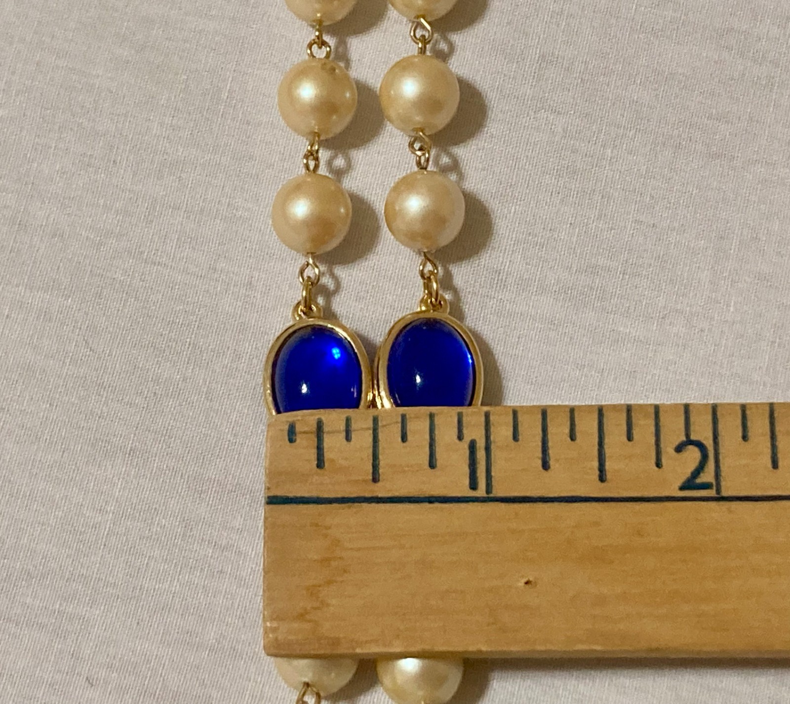 Vintage Faux Pearl Beaded Necklace Bezel Cobalt Blue Cabochon Opera Flapper 42″