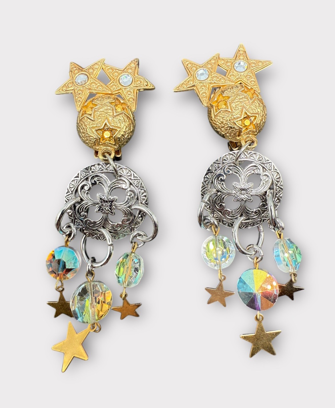 Kirks Folly Signed Silver Gold Tone Dangle Stars Moon Crystal Earrings C81