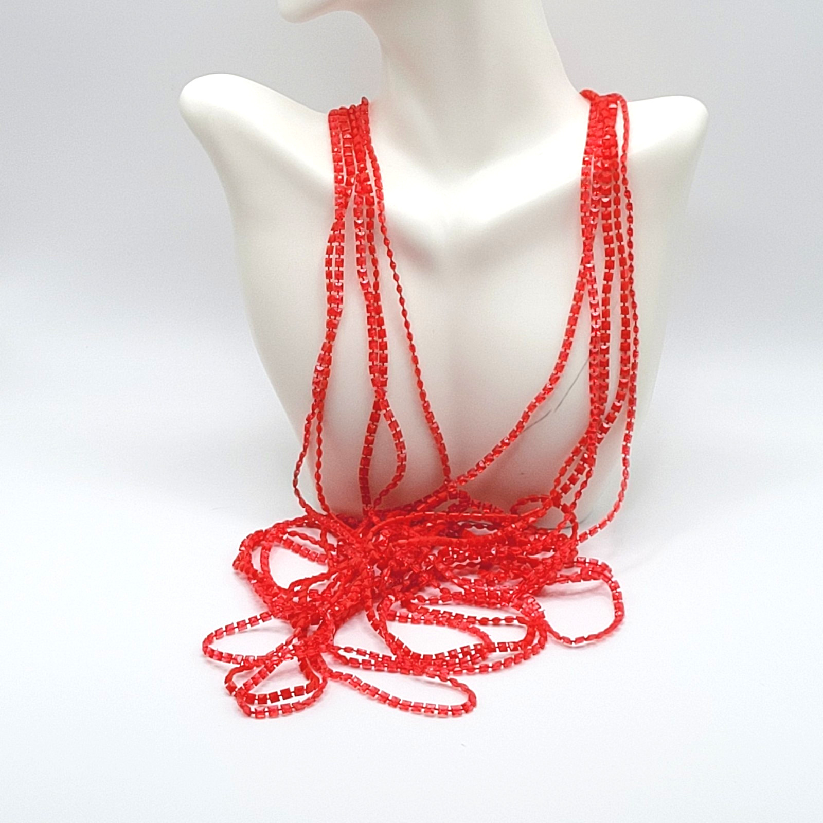 Vintage Red Multi Strand Plastic Square Beaded Solid & Clear Bead Necklace 48 In