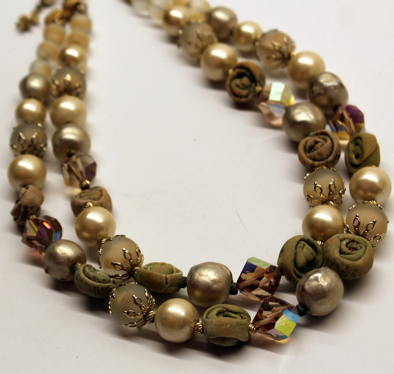 Vtg Vendome Double Strand Mixed Beads Necklace Bicone Polymer Frosted Faux Pearl