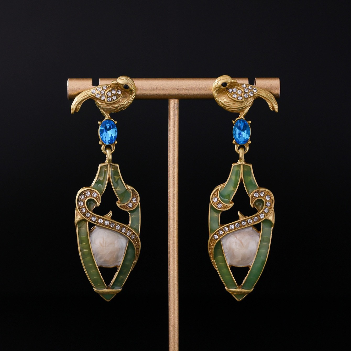 Vintage Victorian Bird Set Necklace Earrings Gold Rhinestone Jewelry Gift